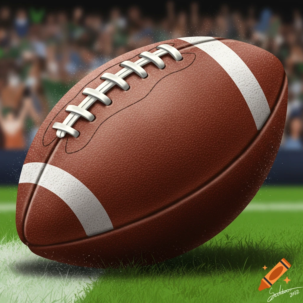 A football on a grassy field with a blurry stadium crowd in the background.