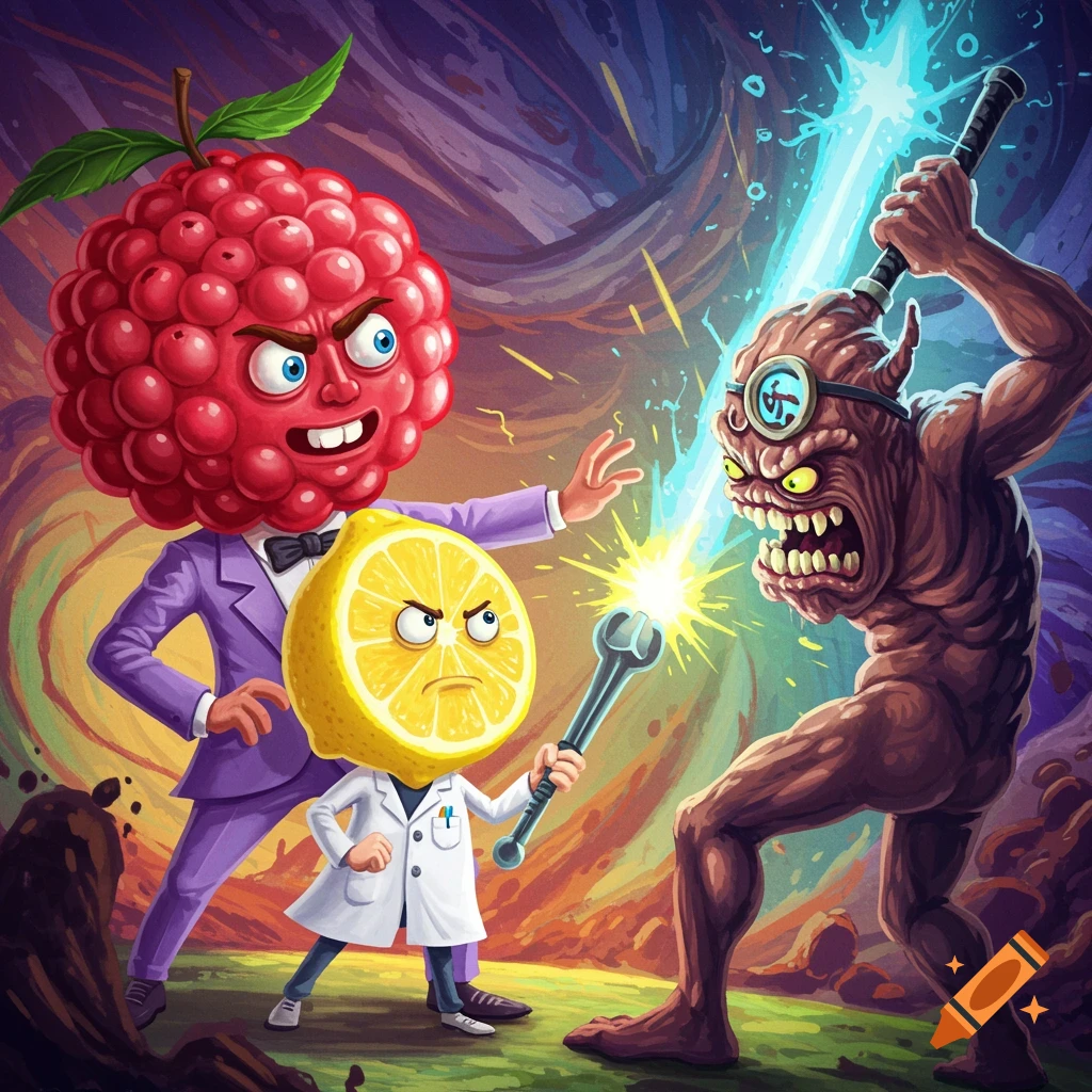 Anthropomorphic raspberry man and lemon head son fight a monster in a vibrant, stylized scene.
