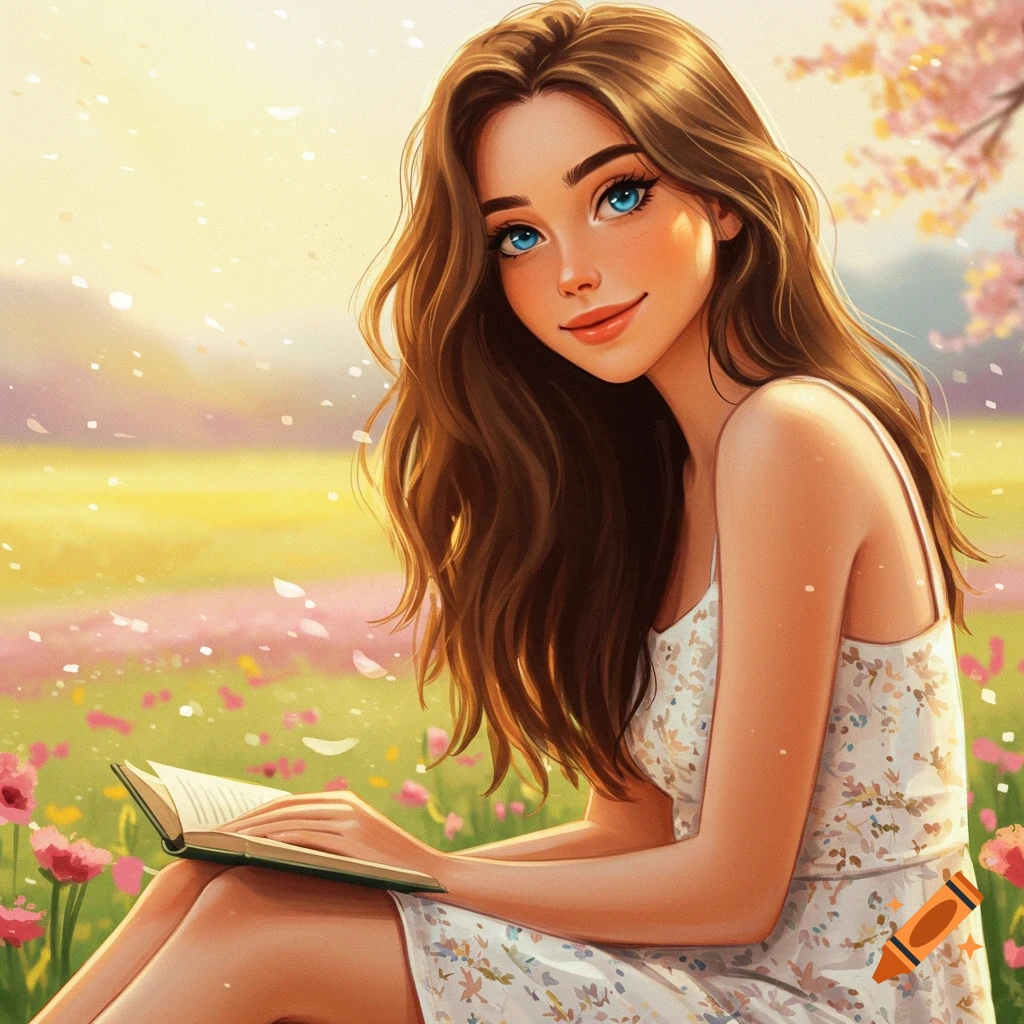 A young woman with brown hair and blue eyes is reading a book in a flowery field.
