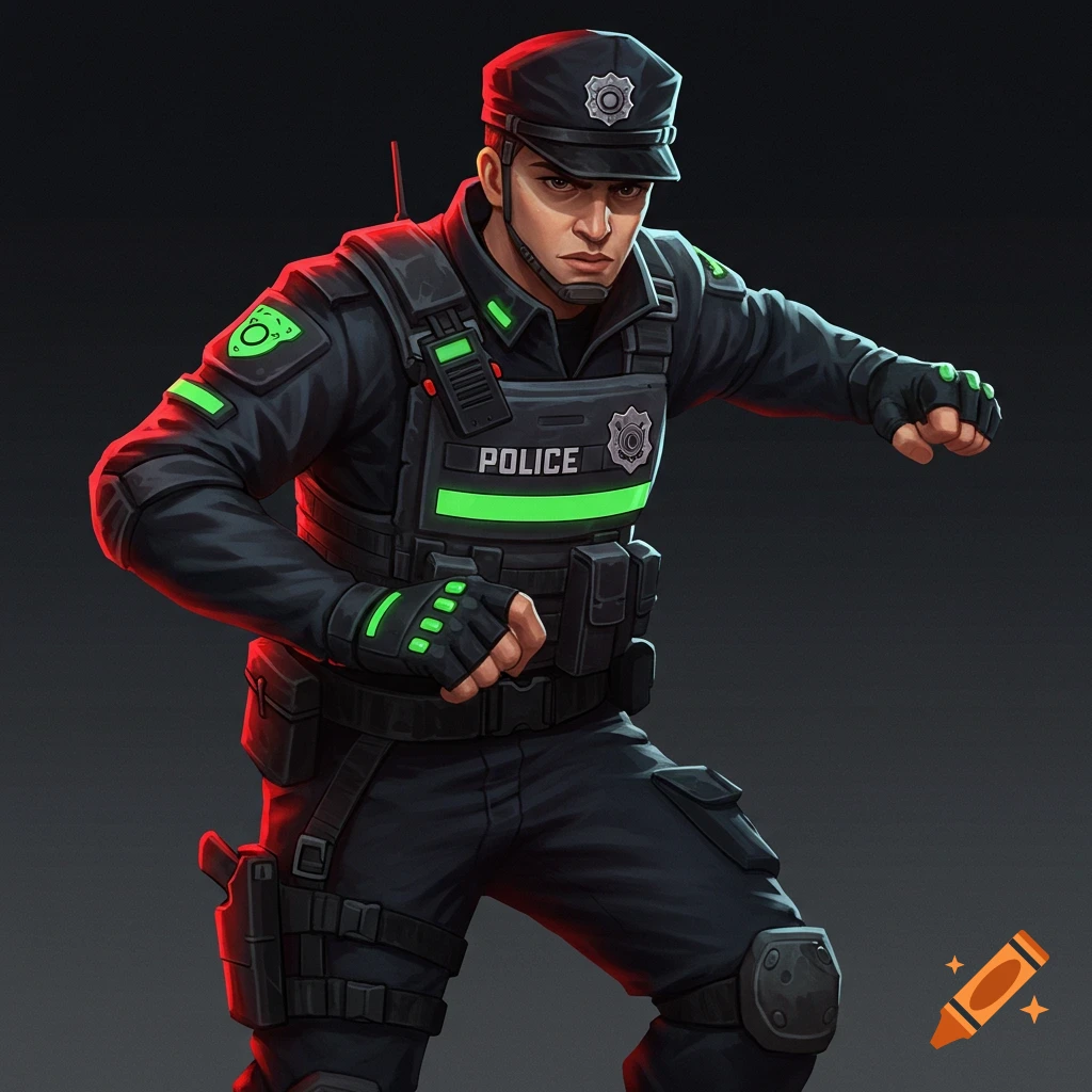 A police officer in black tactical gear with neon green accents.