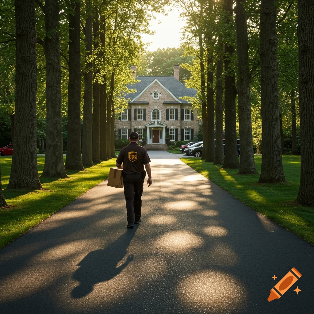 UPS driver walking down a tree-lined driveway towards a large house, carrying a package. Photorealistic.