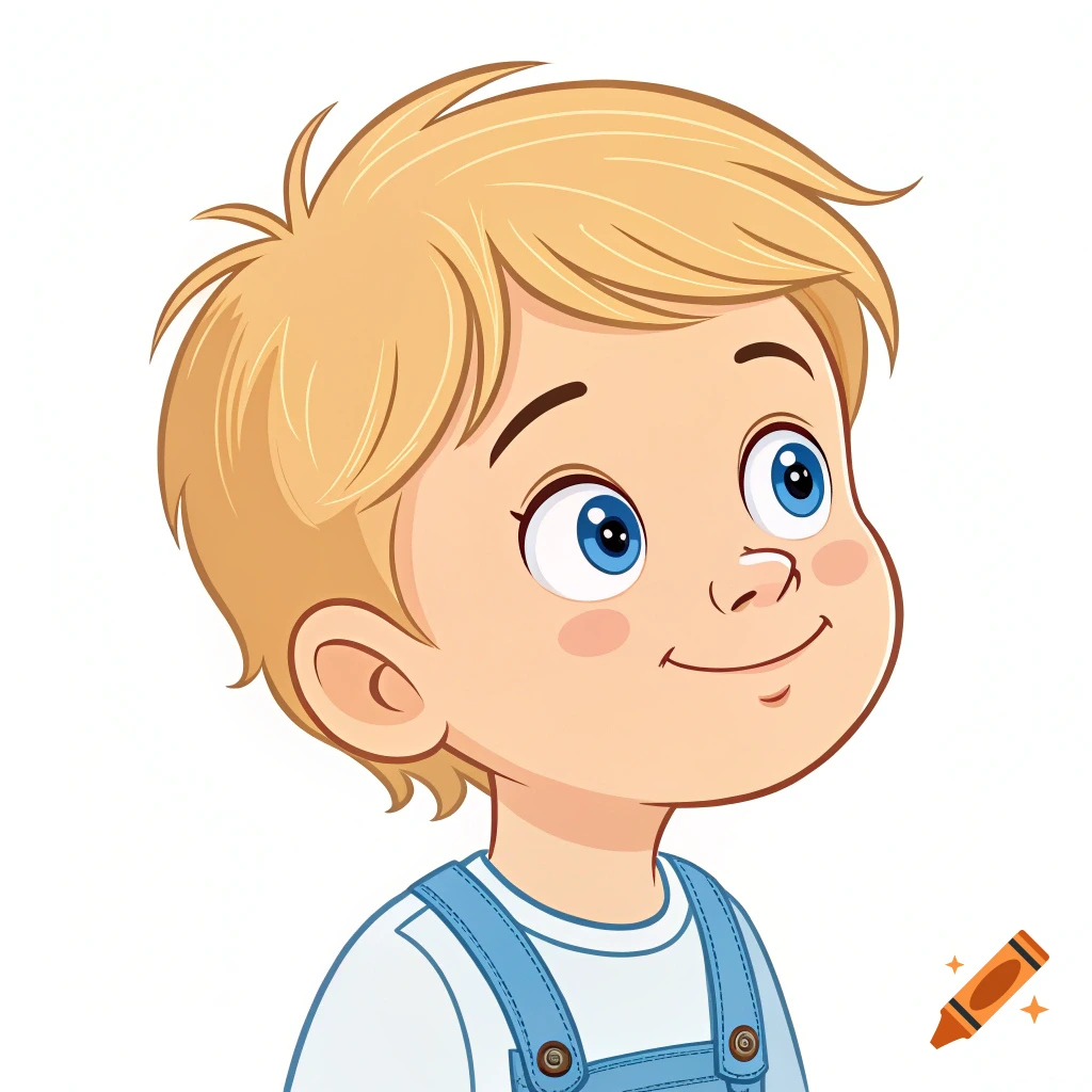 Cartoon illustration of a young boy with blond hair and blue eyes in blue overalls.