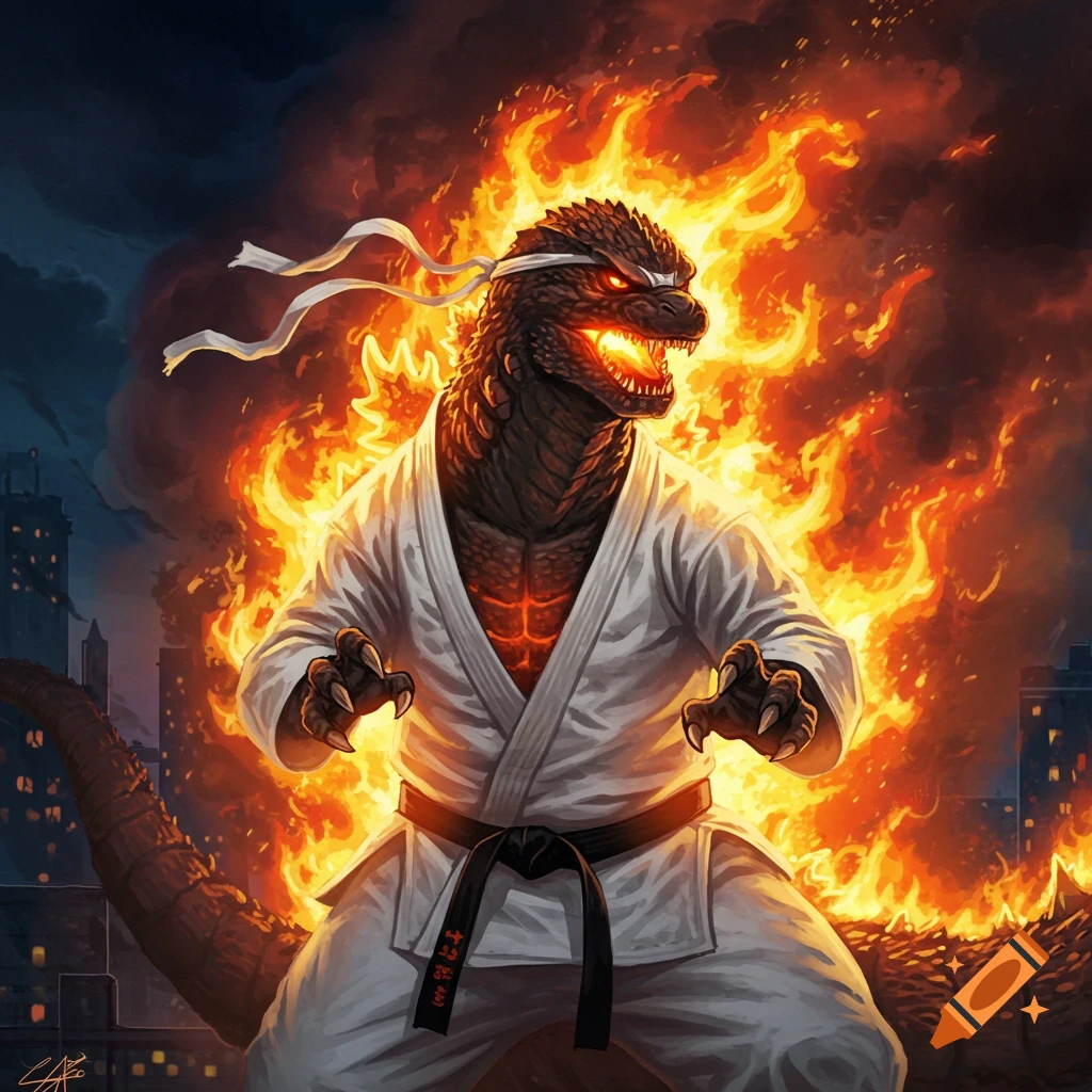 Godzilla, burning and wearing a white karate uniform and headband, stands amidst fire with a city in the background.