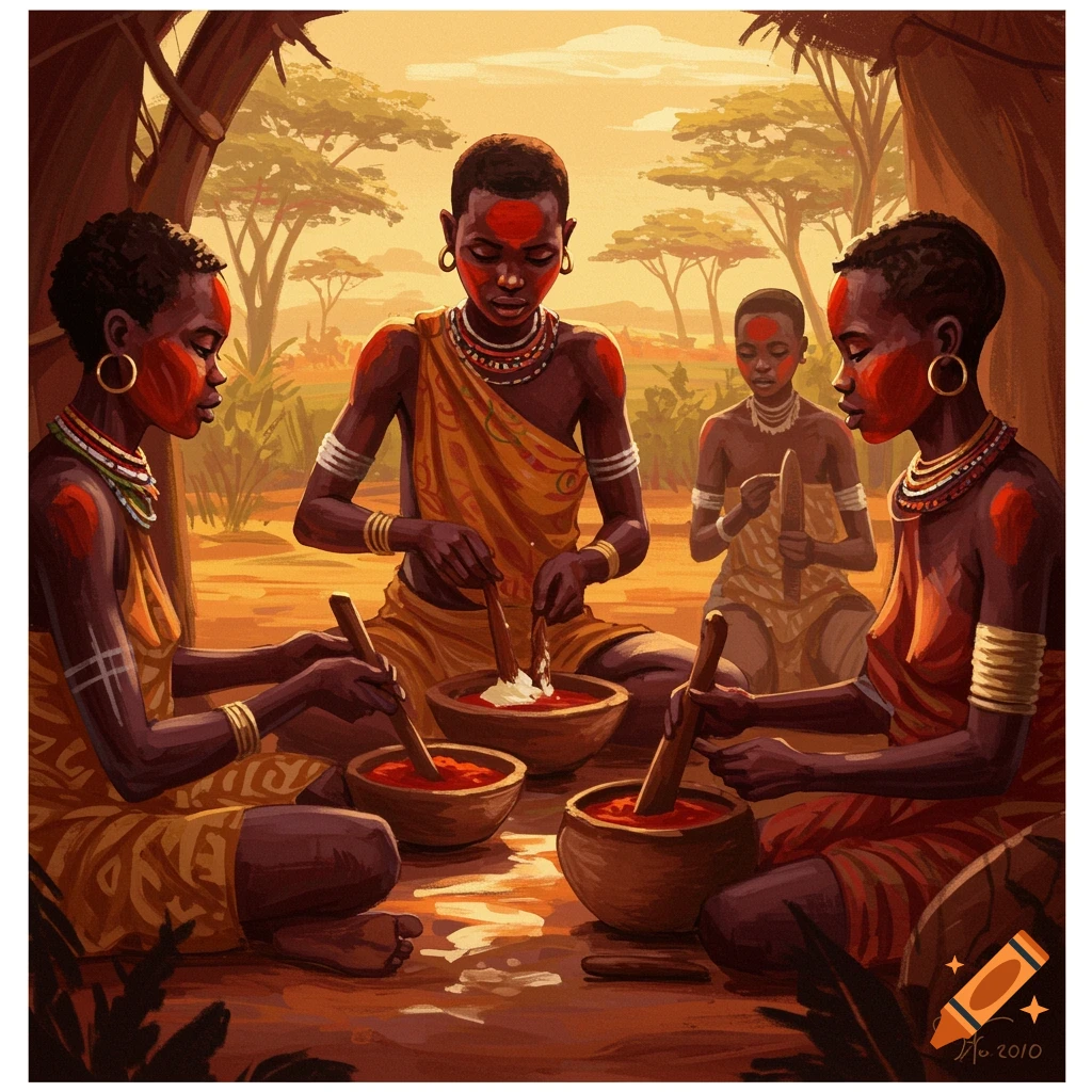 African women performing a beauty ritual, mixing red ochre and butter in bowls.