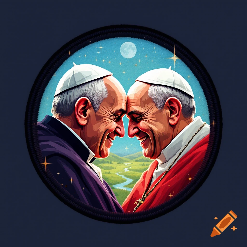 patch of two smiling popes touching foreheads under a starry night sky.