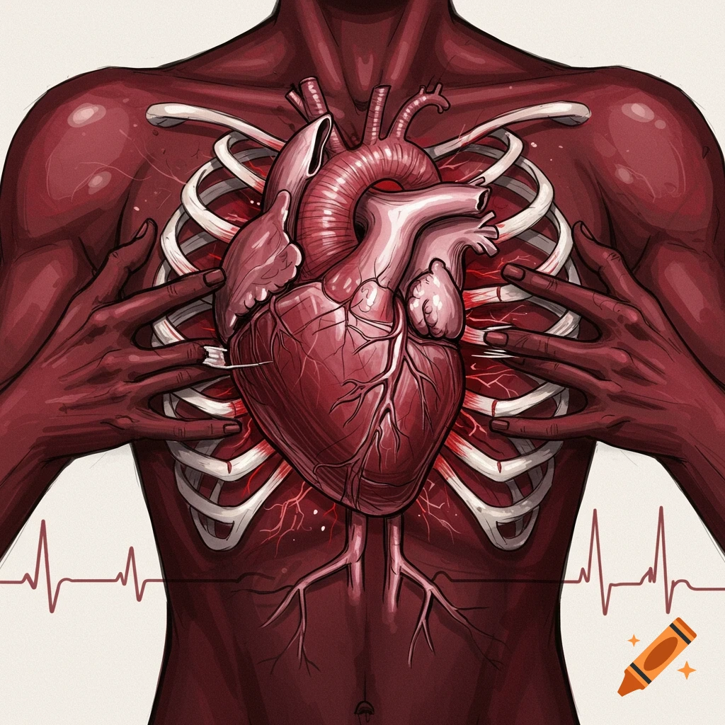Stylized illustration of a human torso with heart, ribs, and hands, featuring an ECG line.