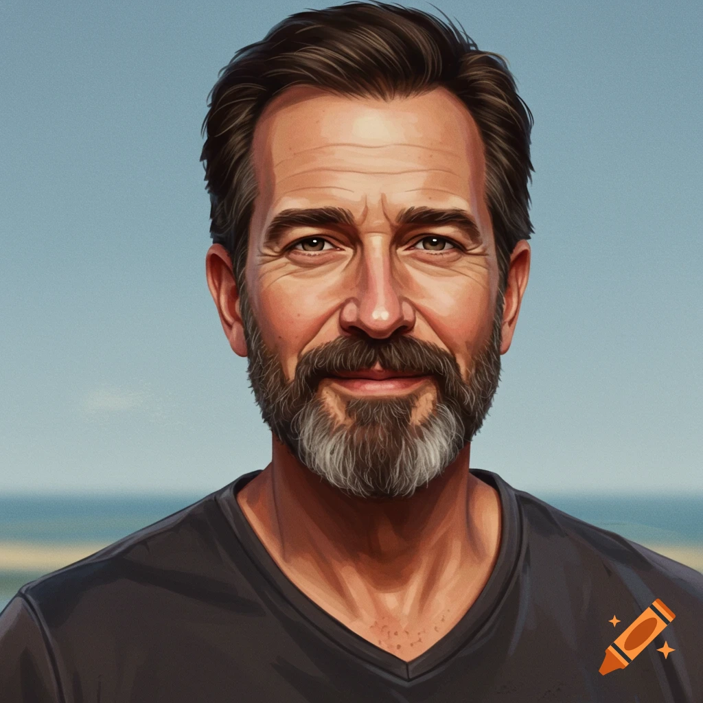 A portrait of a man with a beard against a coastal background.