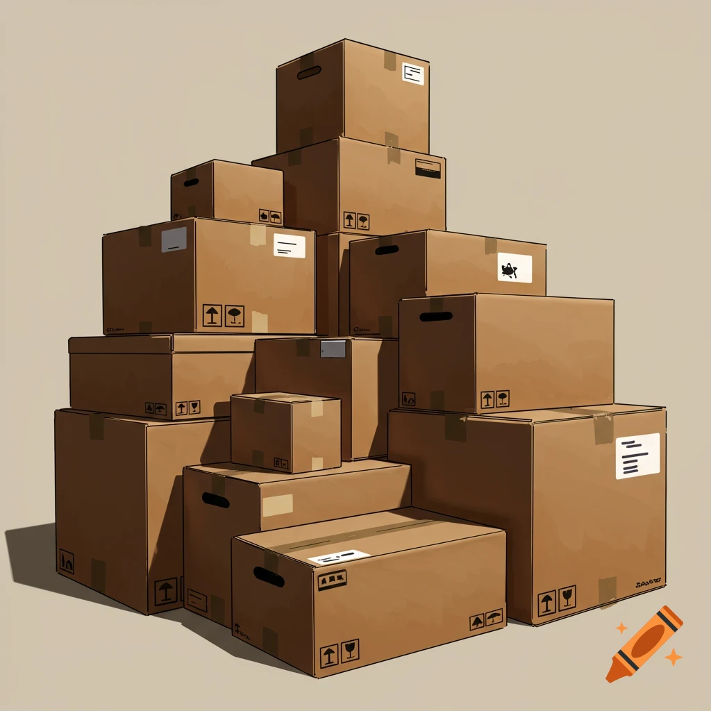 A tall stack of brown cardboard boxes with shipping labels.