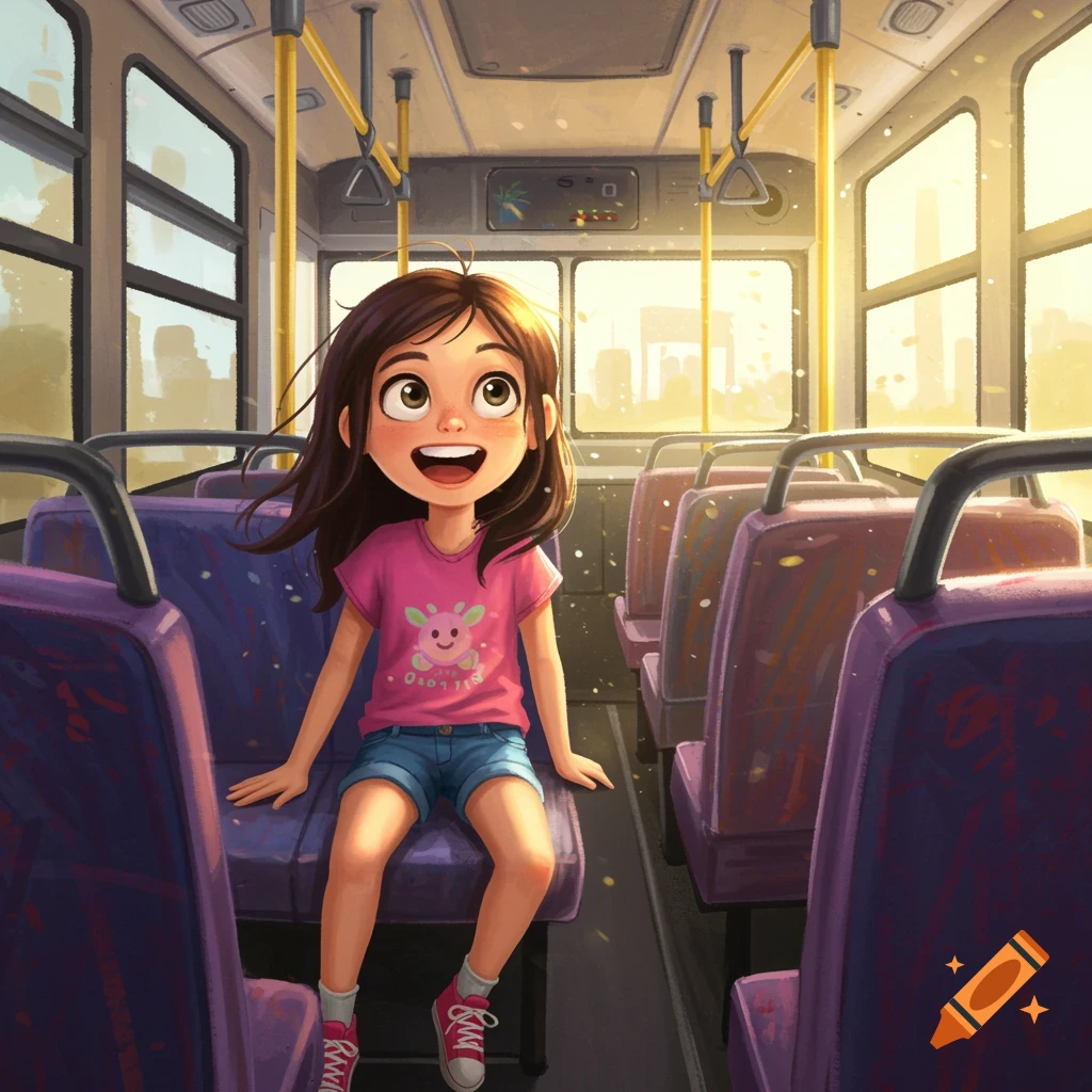 Young girl sitting on a bus seat, smiling brightly.