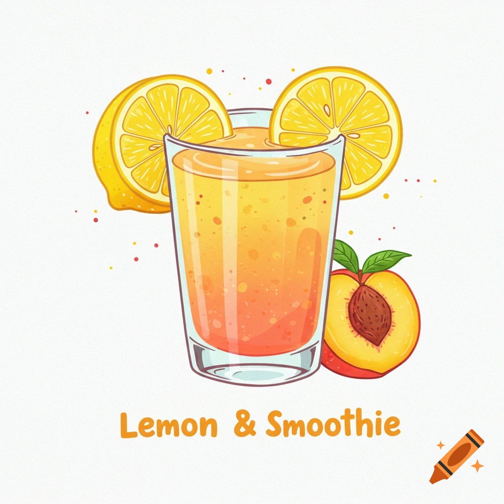 Illustration of a lemon and peach smoothie in a glass with lemon slices and a peach half. Text reads "Lemon & Smoothie".