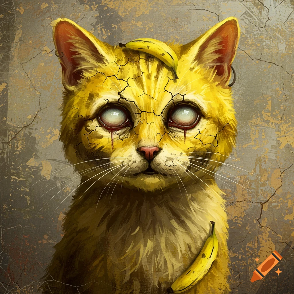 Stylized portrait of a yellow cat with cracked skin, glowing eyes, and red tears, with bananas