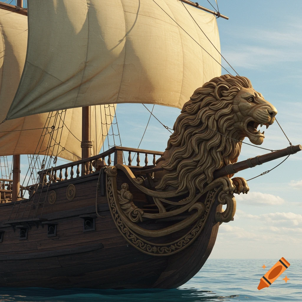 A sailing ship with an ornate lion head figurehead.