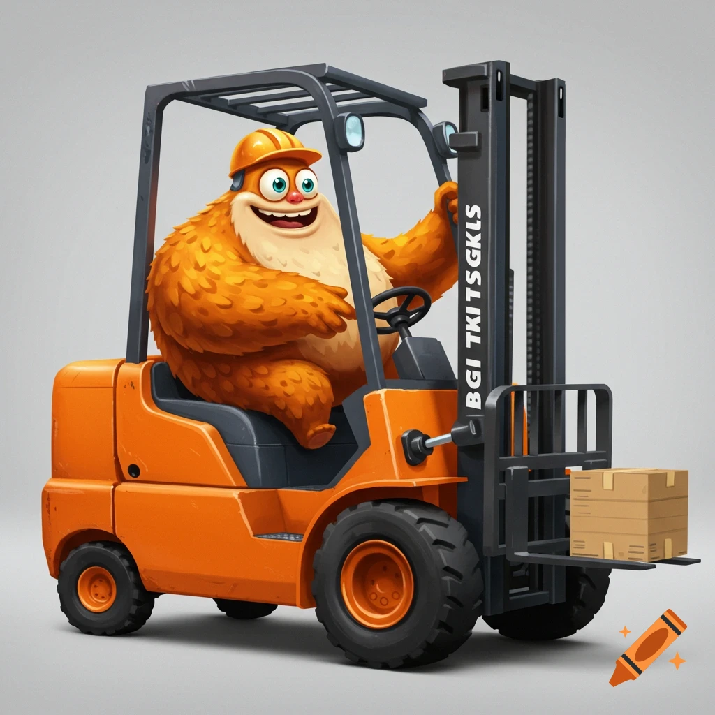 A cartoon orange monster is driving a forklift and holding a box.