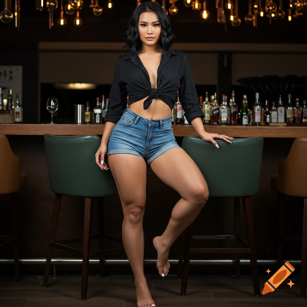 A woman in a black top and denim shorts poses on a bar stool in a bar.