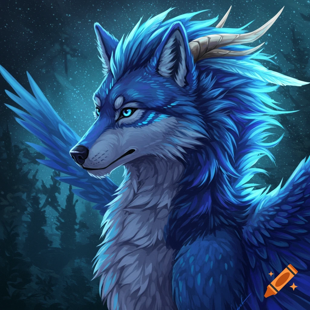 a blue winged wolf creature with horns against a dark forest background.