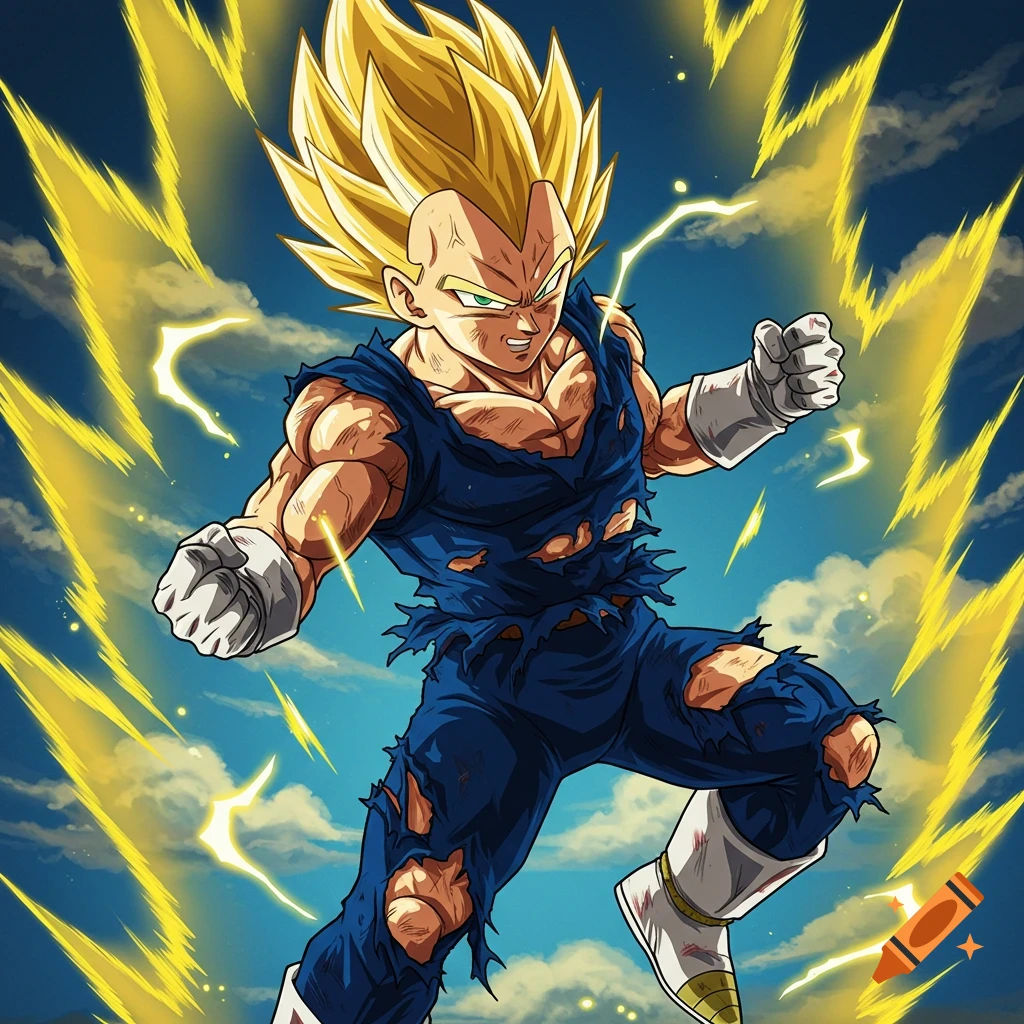 Anime style image of Vegeta powering up with yellow energy flashes around him.