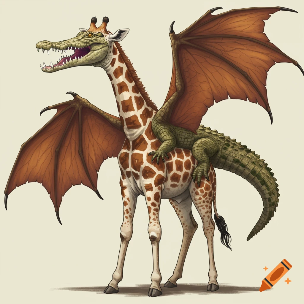 A creature with the body of a giraffe, the head of a crocodile, and wings.