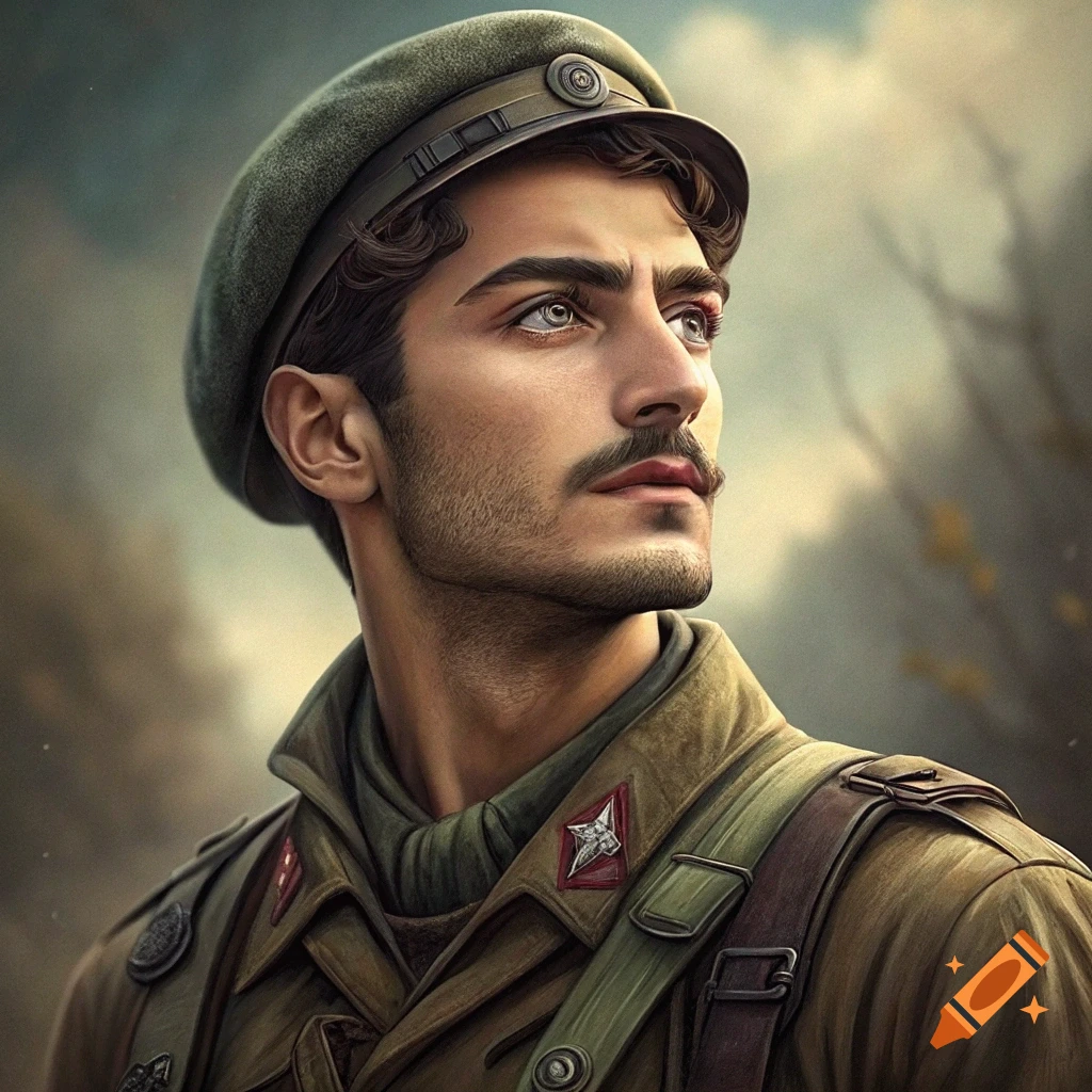 Portrait of a young man in military uniform looking up