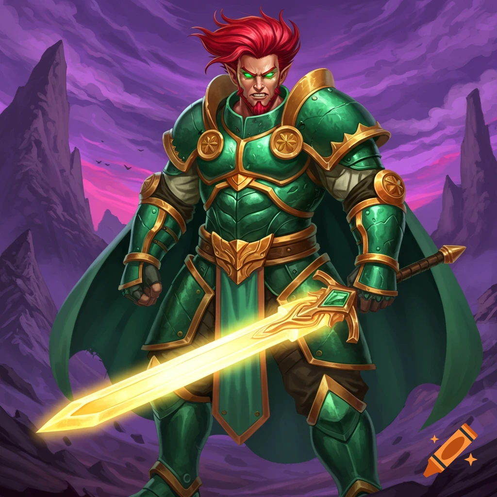 A red-haired warrior in green armor holding a glowing sword stands in a fantasy landscape.
