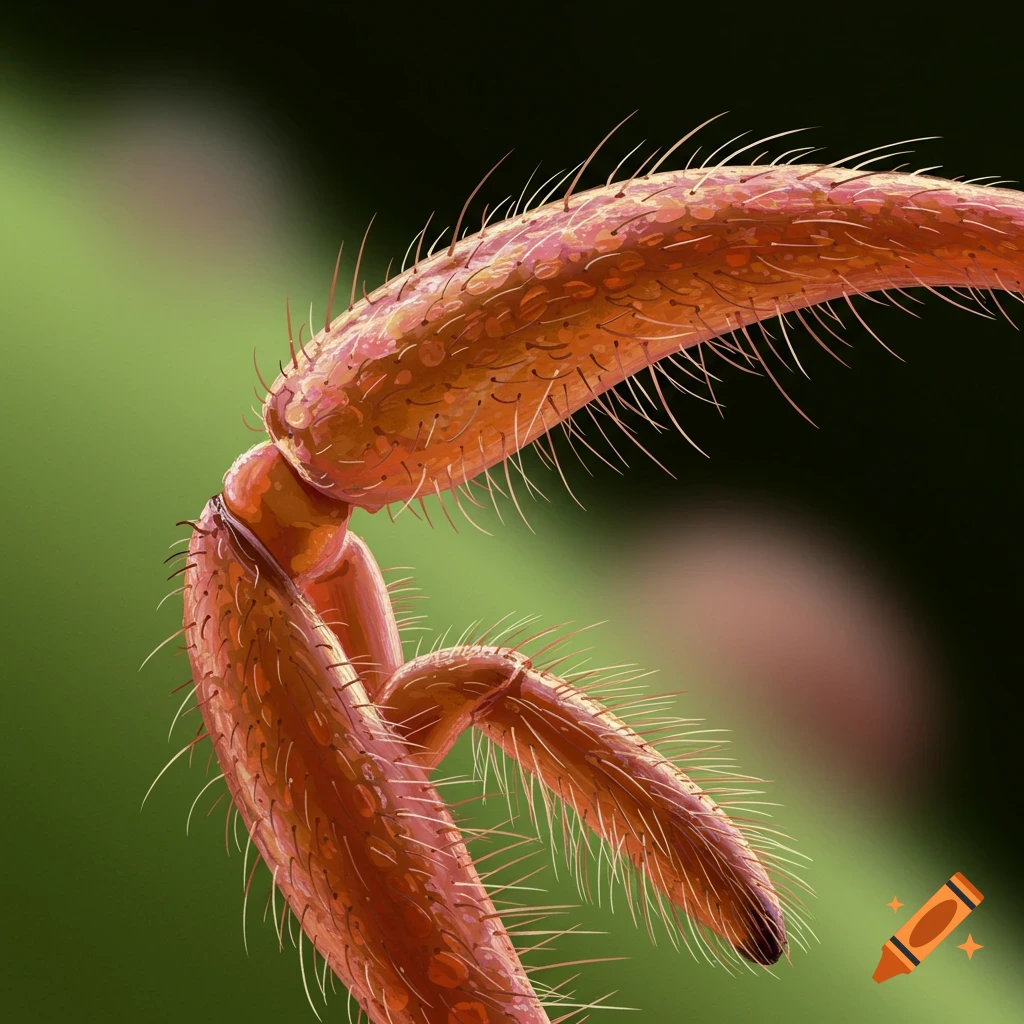Macro view of a hairy insect leg against a green background.