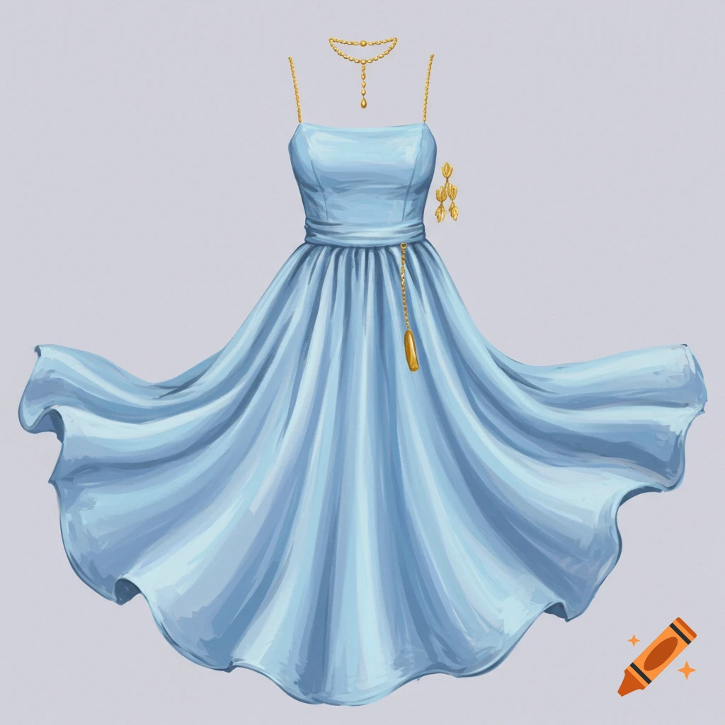 A baby blue dress with gold necklace and earrings.
