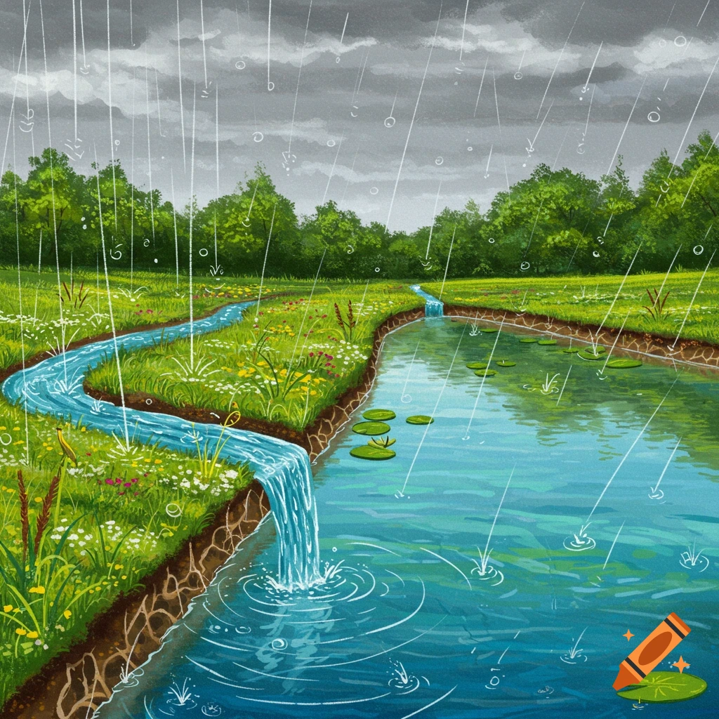 Rain falling on a grassy landscape with a winding stream, trees, and lily pads.