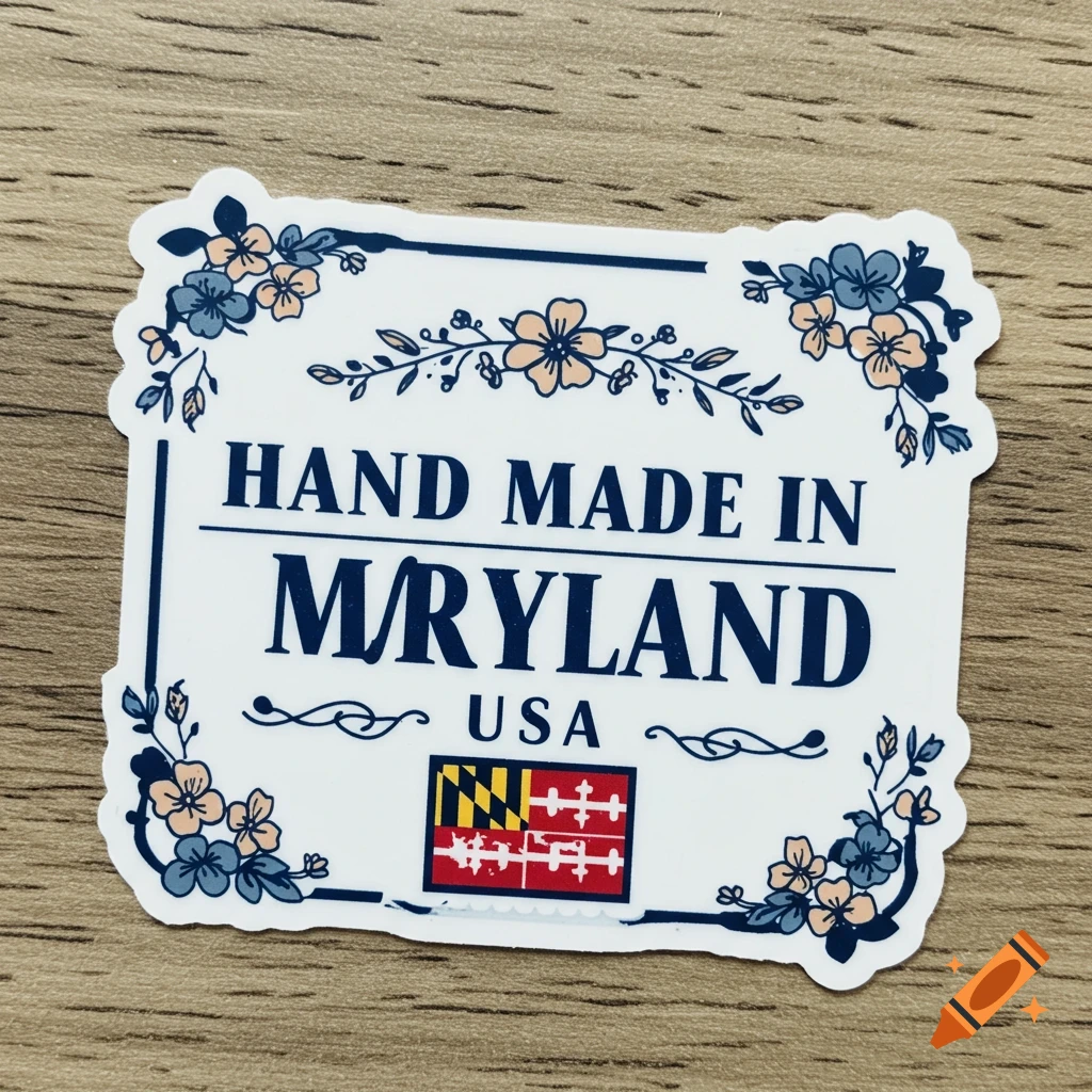 Sticker with text 'Hand Made in Maryland, USA' and floral border on wood surface