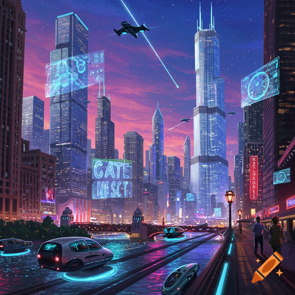 A futuristic Chicago skyline at dusk with hovercars, flying vehicles, and holographic signs.