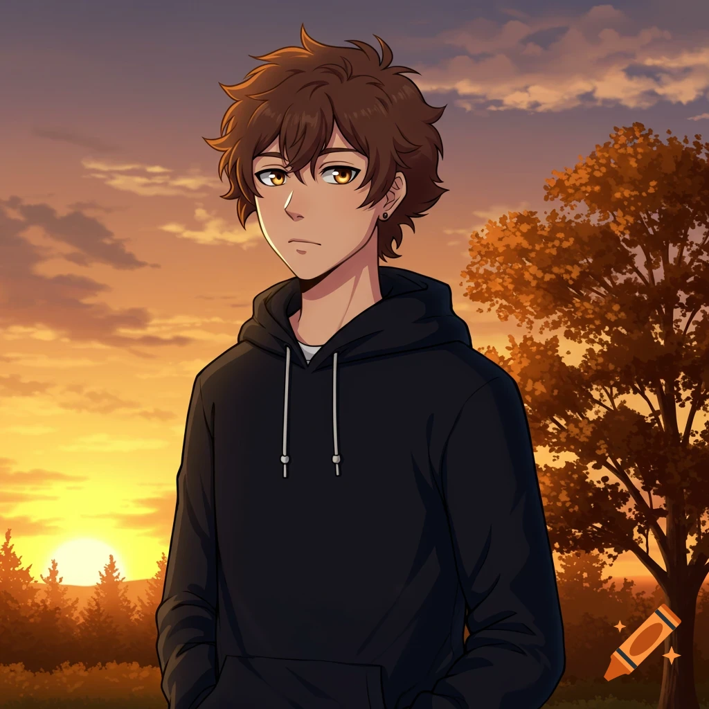 Anime portrait of a young man in a black hoodie at sunset