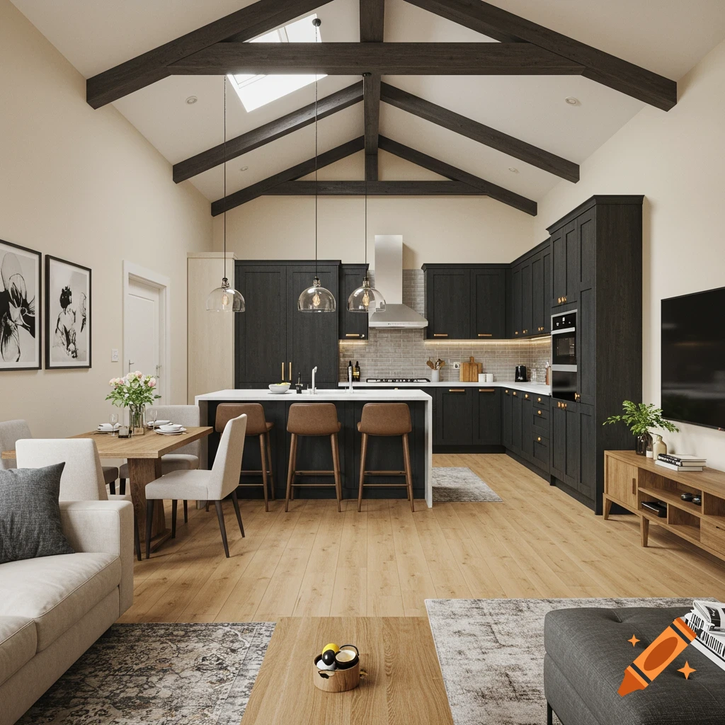 Modern open-plan interior with kitchen, dining area, and living room.