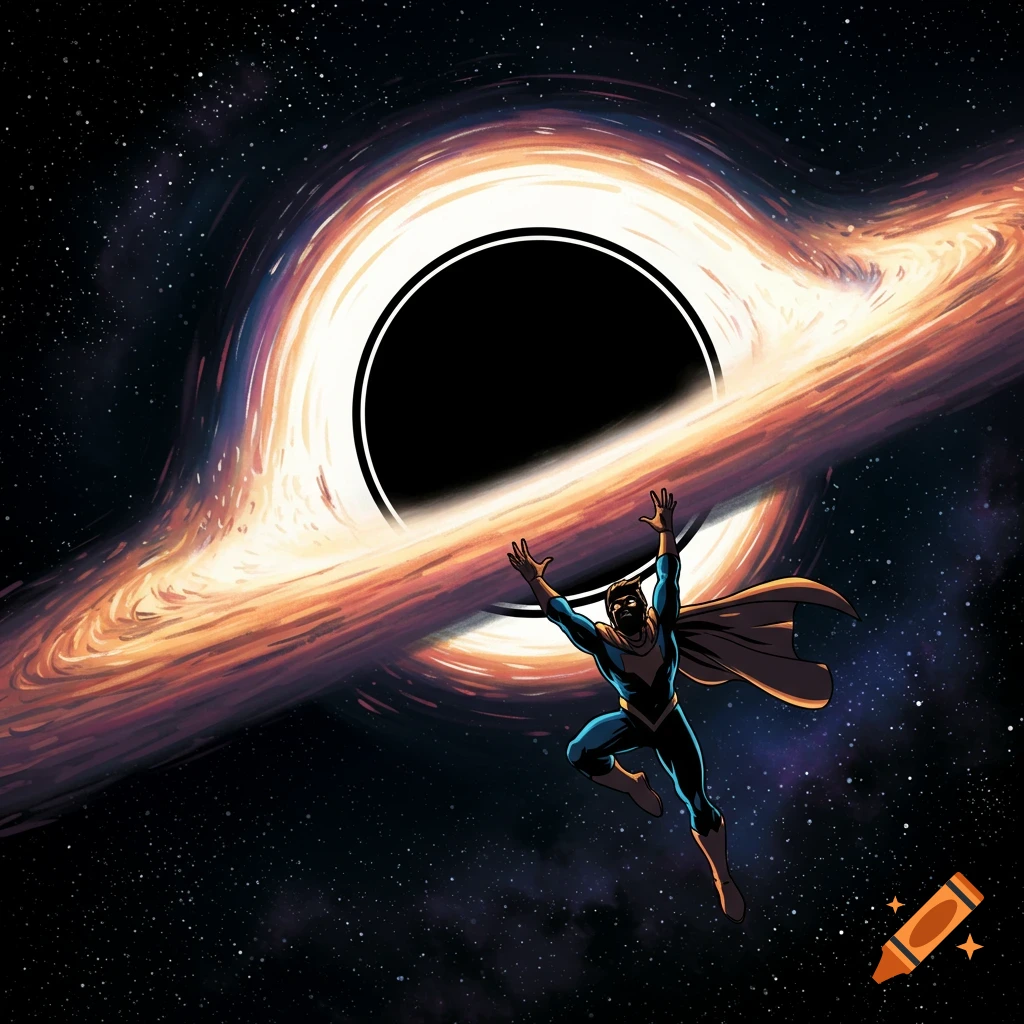 Superhero in space near a black hole in a comic book style.