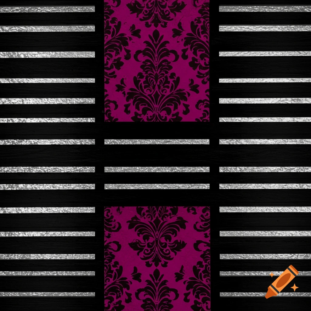 A repeating pattern of horizontal black slats with silver gaps and vertical sections of magenta and black damask.