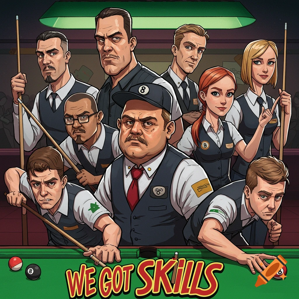 Illustrated portrait of a billiards team around a pool table with the text 'WE GOT SKILLS'.