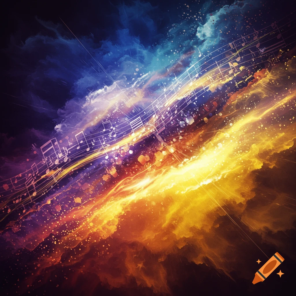 Musical notes and staff flowing through colorful space clouds with light rays.