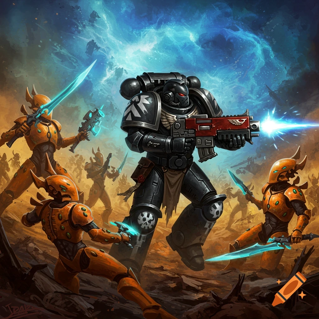 A black-armored Space Marine fights orange Eldar with swords and guns in a sci-fi battle.