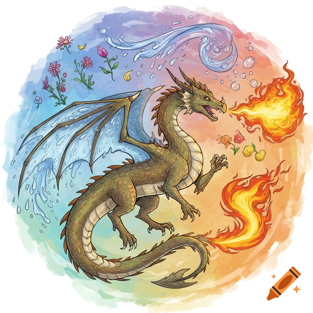 Illustration of a green dragon surrounded by water, fire, and plants against a watercolor background.