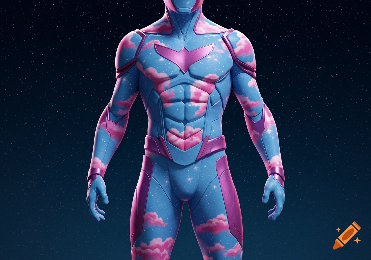 A detailed close-up of a superhero suit featuring a starry sky and pink cloudy pattern.