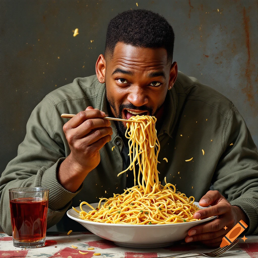 Will Smith eating a huge bowl of noodles with chopsticks.