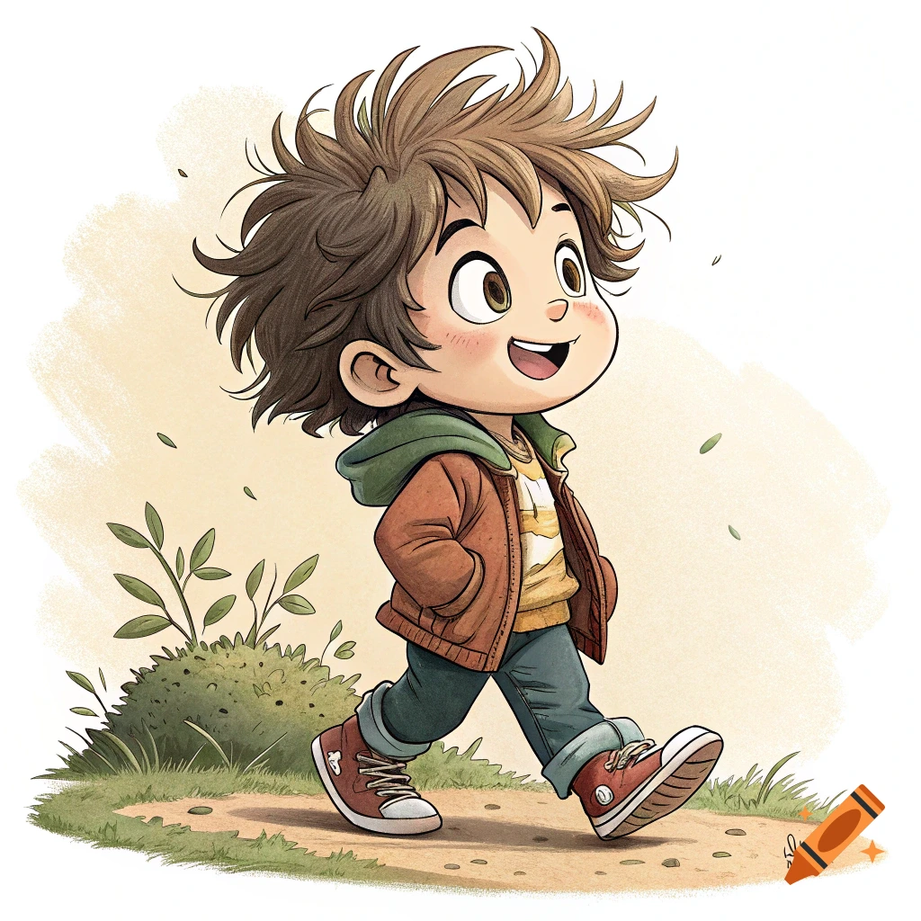 Cartoon illustration of a boy walking on a dirt path outside.