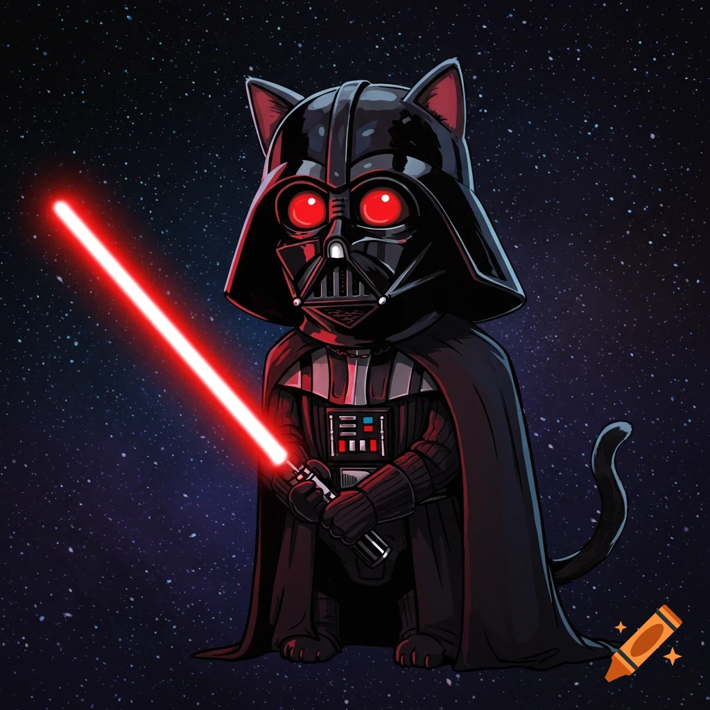 A cat dressed as Darth Vader holding a red lightsaber in space.