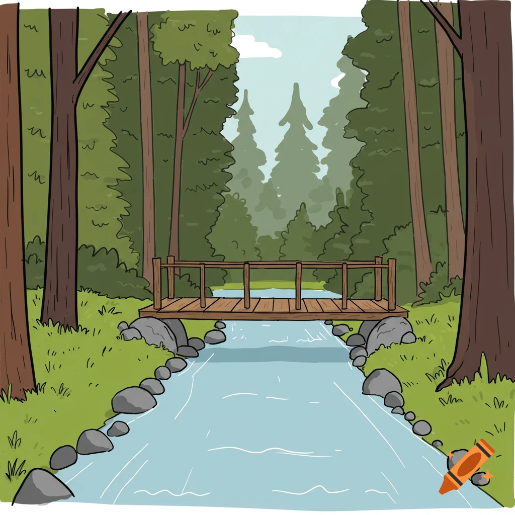 An easy drawing of a forest with a river and a bridge.