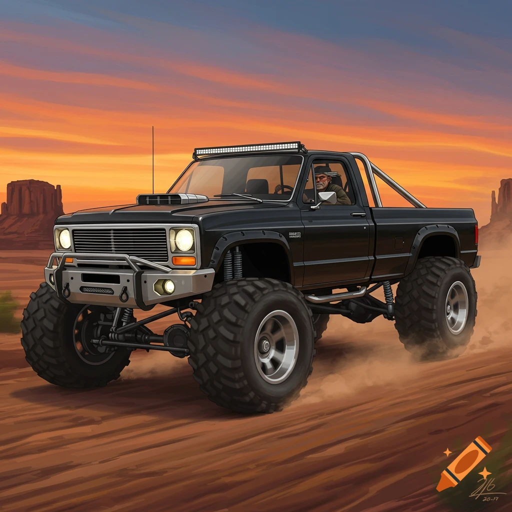 A black monster truck driving through a desert landscape at sunset.