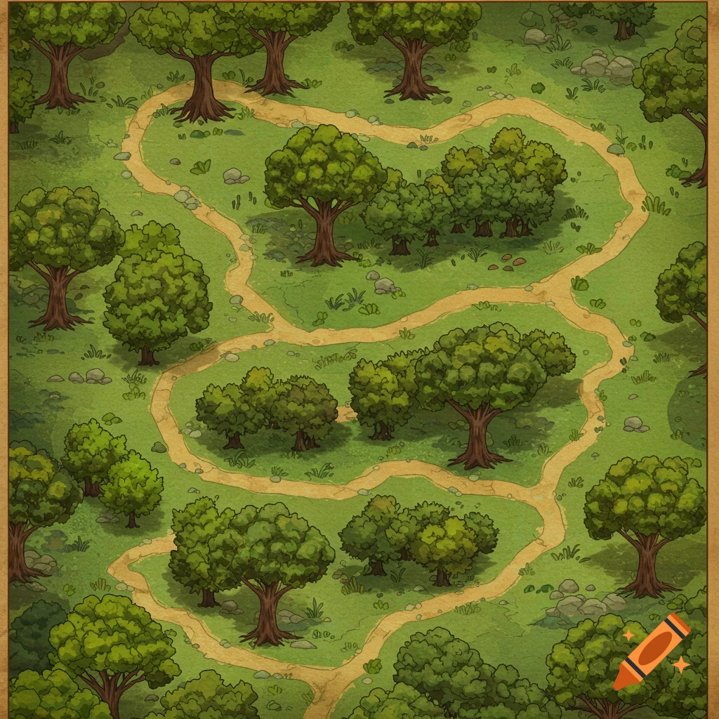 Overhead view of a forest map with winding paths.