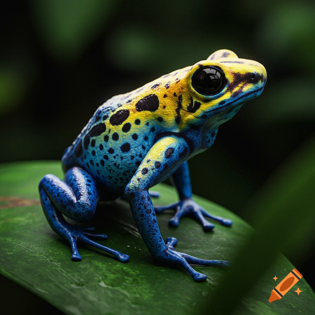 A vibrant blue and yellow poison dart frog sits on a green leaf.