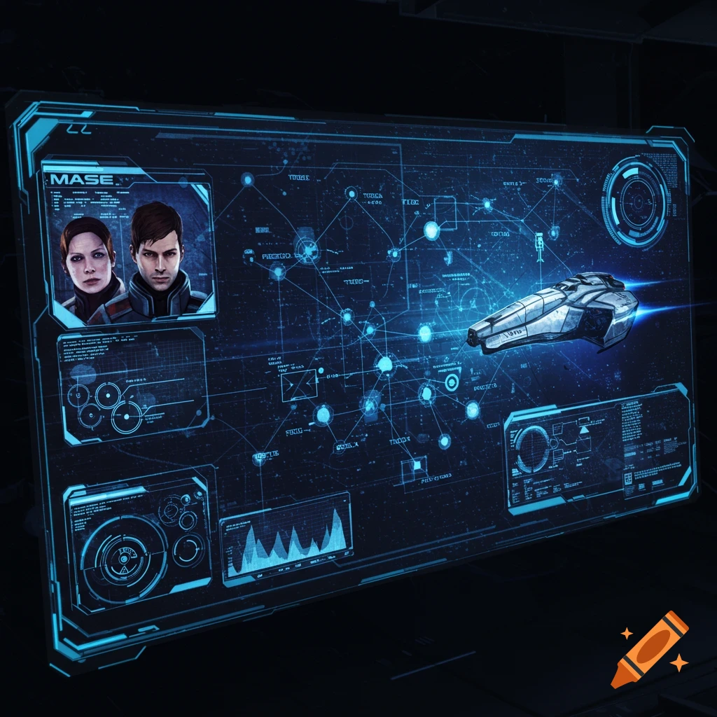 A blue sci-fi computer screen displays a network map, a spaceship, two faces, and data panels.