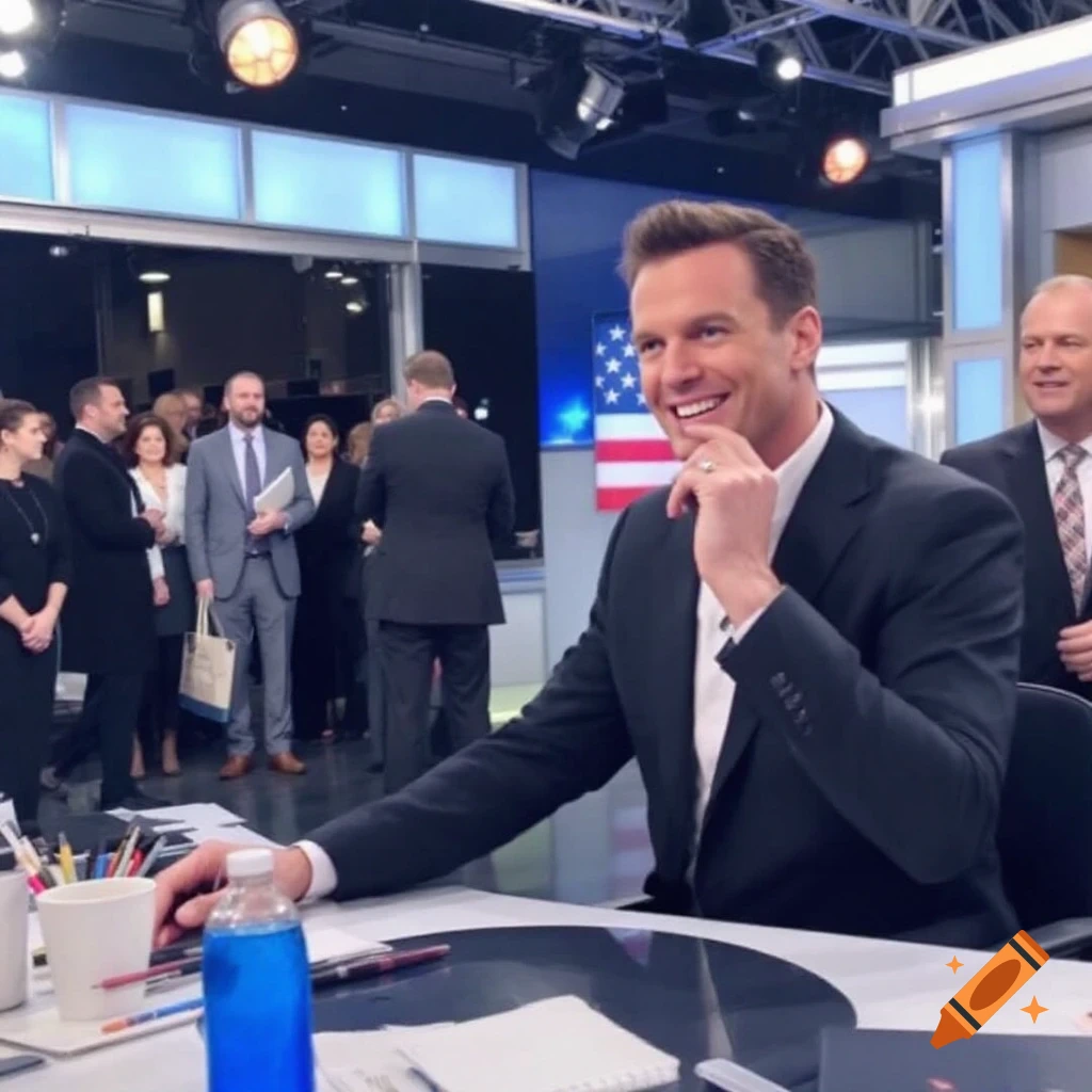 A man in a suit smiles at a desk in a television studio with an American flag behind him.
