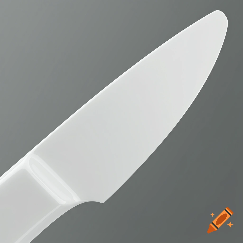 Close-up of a white plastic knife blade against a grey background.