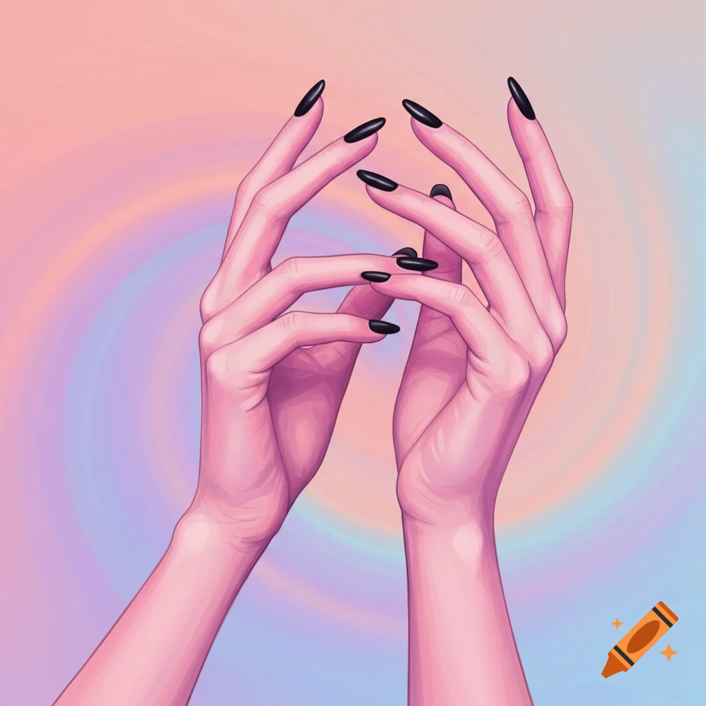 Two hands with black nails against a swirling pastel background.