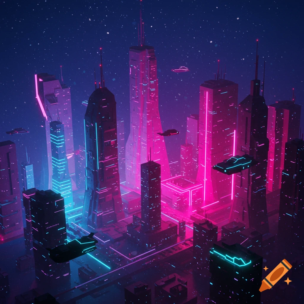 A 3D render of a futuristic cityscape at night with neon lights and flying cars.