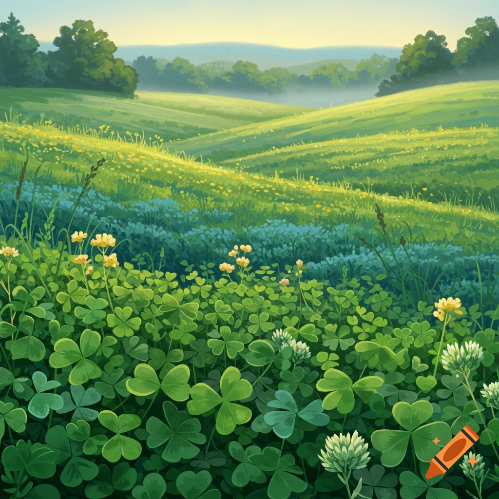 A lush green landscape with rolling hills, wildflowers, and detailed clover in the foreground.